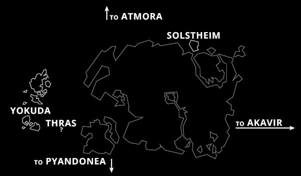A map showing Tamriel dimly. To the left of Tamriel is a large island chain labeled Yokuda. South of Summerset Isles (in Tamriel's south-west) is an arrow pointing down to the archipelago of Pyandonea. An arrow points from Tamriel to the right towards Yokura, and from Tamriel's north upwards to Atmora. The island of Solstheim, located in the north between Morrowind and Skyrim, is also highlighted.